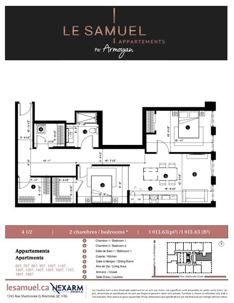 Floor plan for 2 beds, 2 baths, 1089 sqft